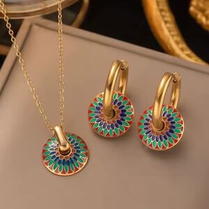 New with Tags , Gold Tone Enamel Mandala Necklace & Hoop Earrings Set